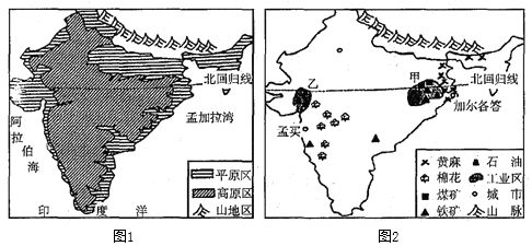 讀 印度地形圖 和 印度經(jīng)濟(jì)作物和資源分布圖 ,完成下列要求