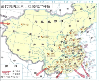 下表反映了A.玉米和甘薯均由沿海傳入內(nèi)地B.經(jīng)濟(jì)作物品種在清代日益增多C.新糧食作物推廣有利于提高糧食產(chǎn)量D.五口通商加快了美洲本土作物的傳播