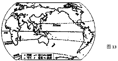 閱讀材料回答問題。材料一:世界種植園及主要經濟作物分布圖13材料二:部分國家主要商品占本國出口商品總額的百分比。(