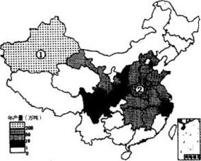 圖為我國2007年某經濟作物年產量分布.讀圖回答該作物產量前五位的省 區 的簡稱為 a.新.魯.豫.冀.粵 b.新.豫.冀.川.浙 c.新.魯.冀.甘.閩 d.新.魯