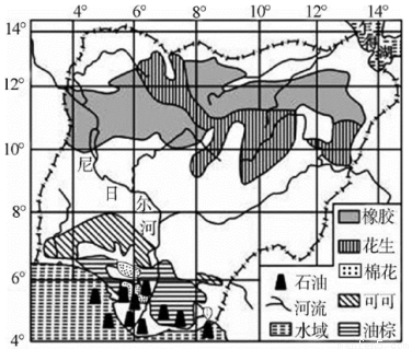 讀撒哈拉以南非洲主要礦產資源和經濟作物分布圖,回答下列小.